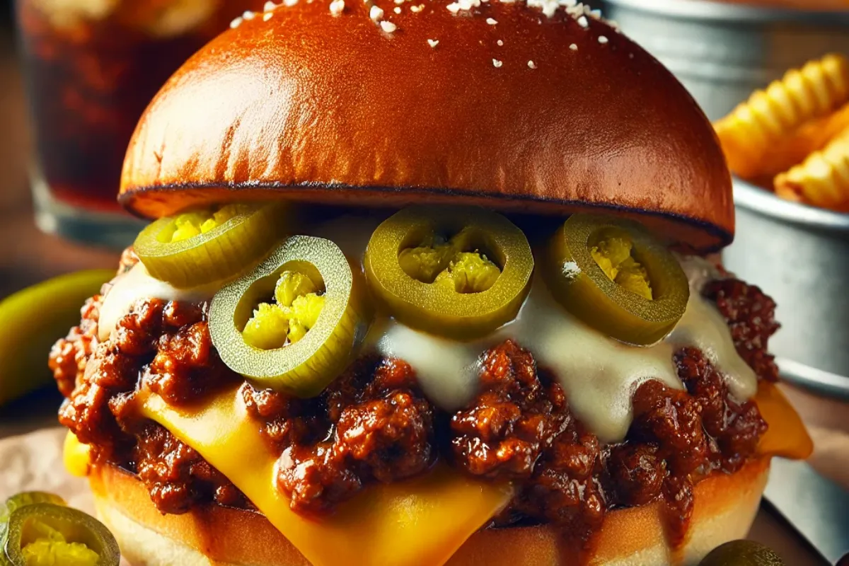 A gourmet Sloppy Joe sandwich on a brioche bun with rich meat sauce, cheese, pickles, and jalapeños, showing how to make Sloppy Joes taste better