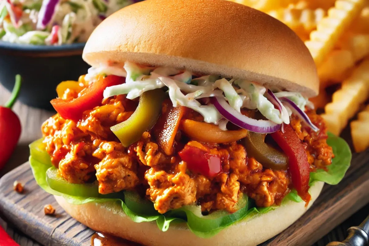 Cajun Chicken Sloppy Joe sandwich with ground chicken, Cajun seasoning, and fresh vegetables on a rustic table with coleslaw and fries