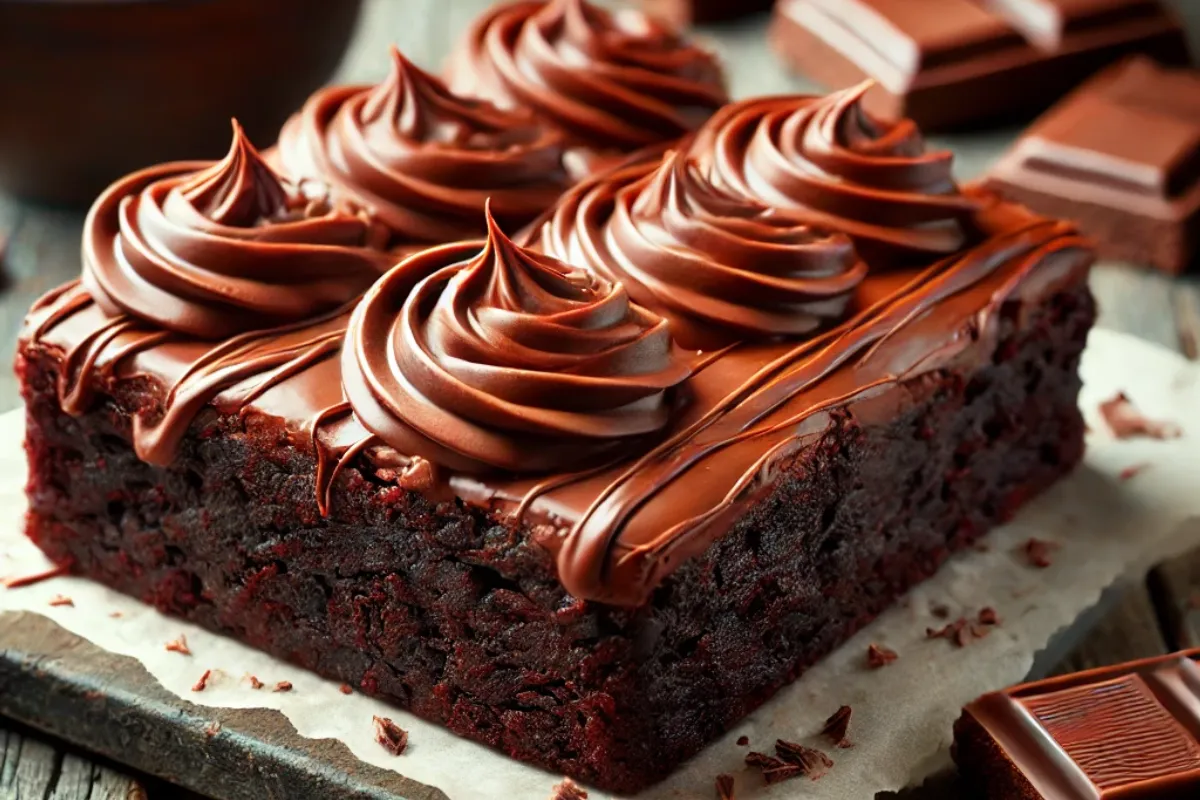 Rich chocolate brownie frosting spread smoothly on top of brownies.