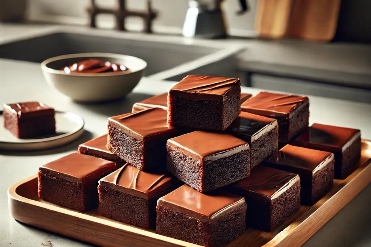 Close-up of brownies topped with smooth chocolate frosting.