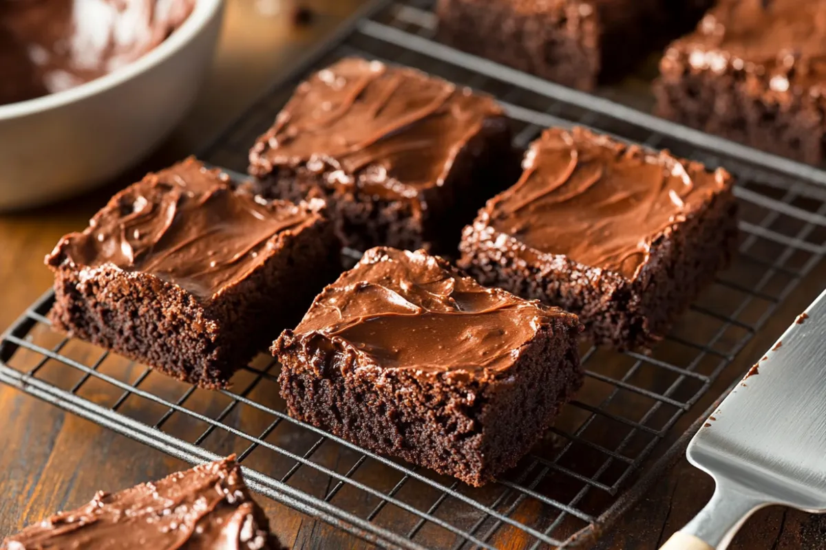 Frosted brownies in an airtight container.