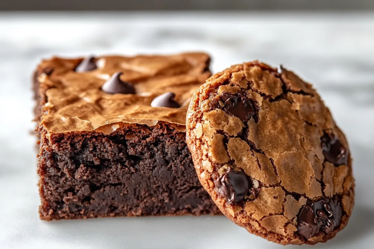 Close-up of a fudgy brownie and crispy brownie cookie side by side – highlighting the difference between brownie and brownie cookie.