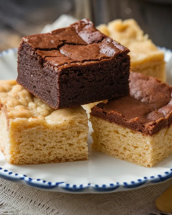 Three types of brownies—fudgy, cakey, and chewy—arranged on a plate